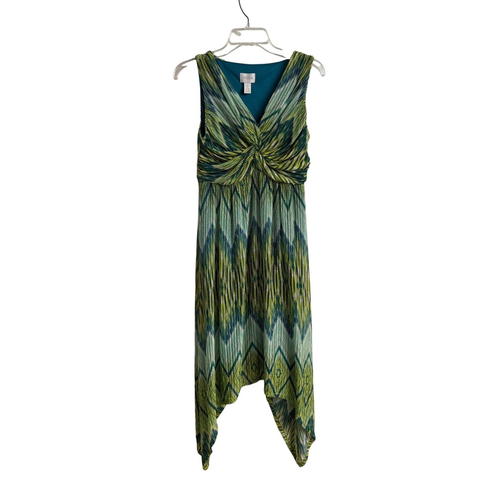 Chicos Green Ikat Chevron Handkerchief Hem Twist Front Boho Dress Sz 0 XS